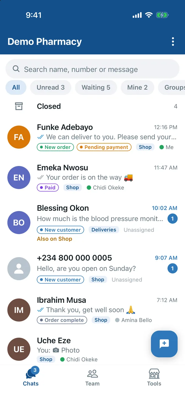 The shared chat list, with filters for unread, waiting and mine