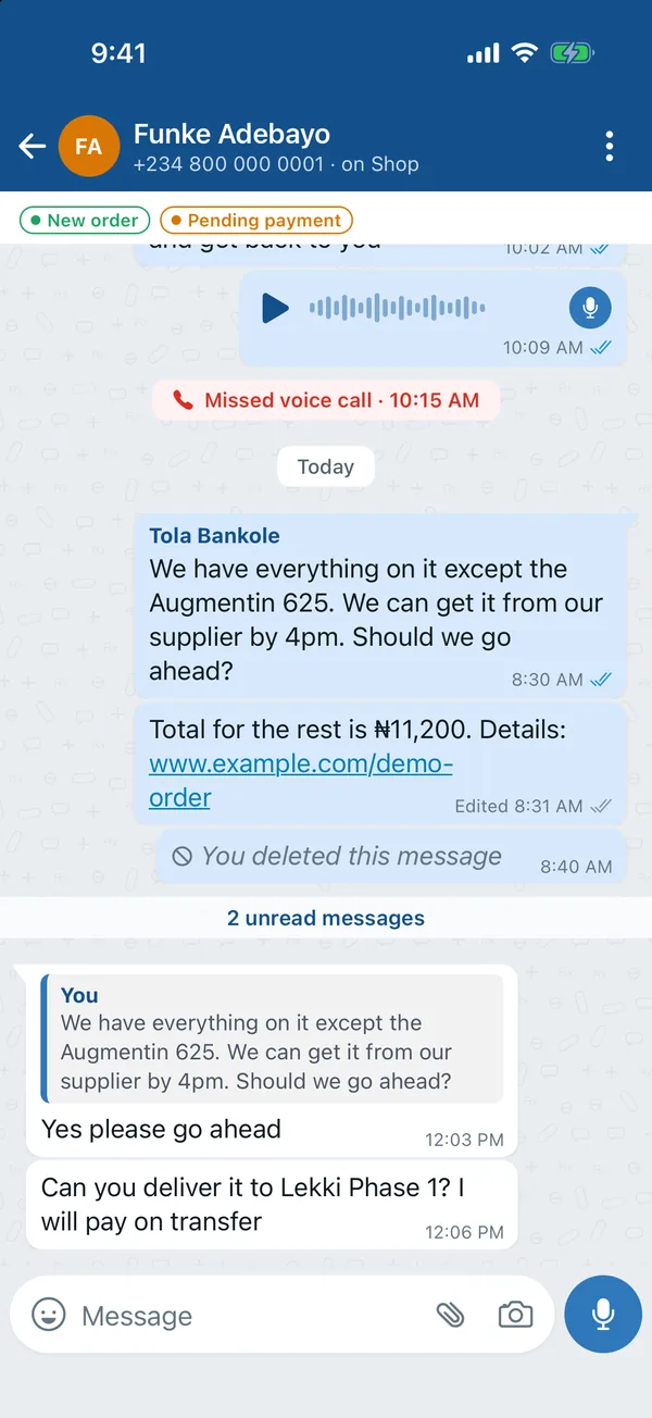 A customer chat in VirtualRx CRM, with order labels and a voice note