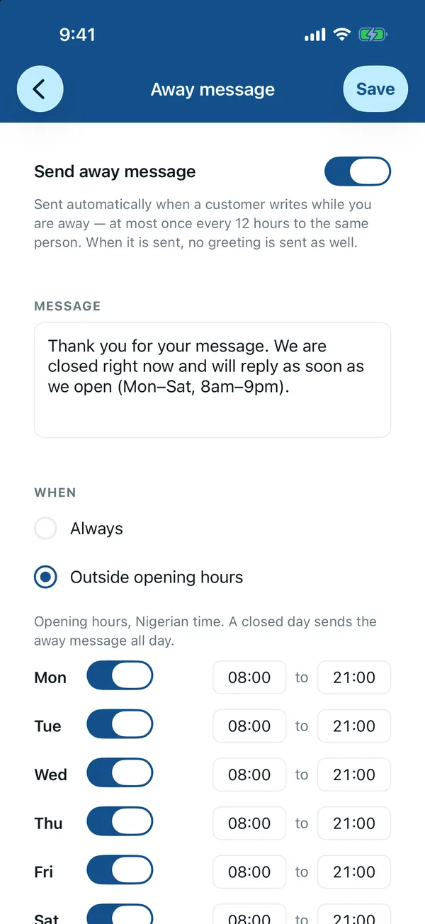 Away message settings with opening hours for each day