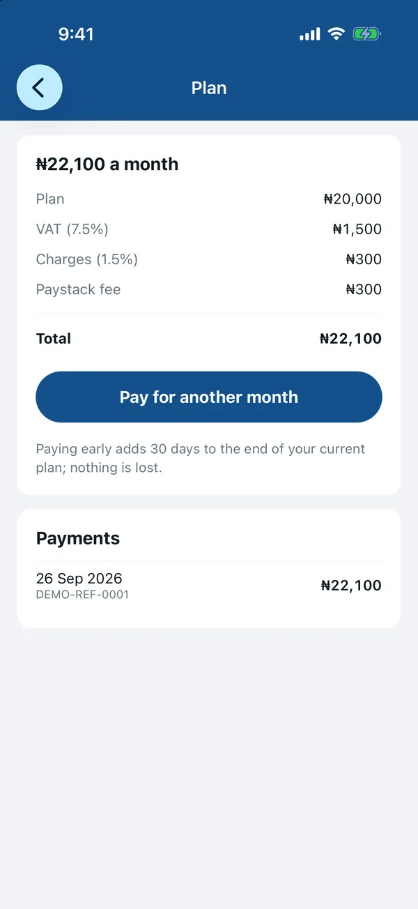 The plan screen: free trial days left and the monthly price